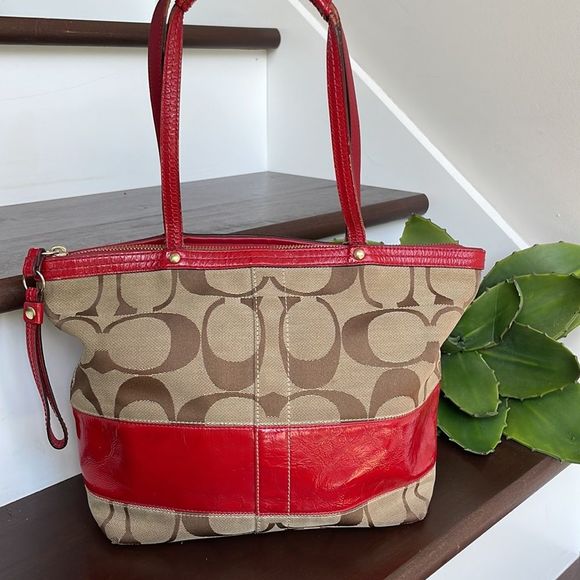 Coach Handbags - Coach Handbag shoulder bag purse red Patent leather signature canvas